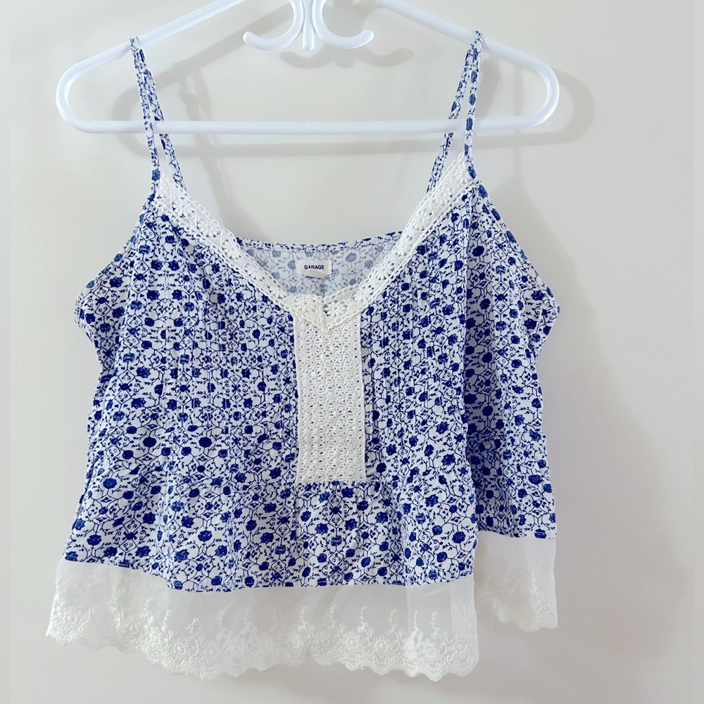 Garage Blue and White Floral Lace Crop Top Size L